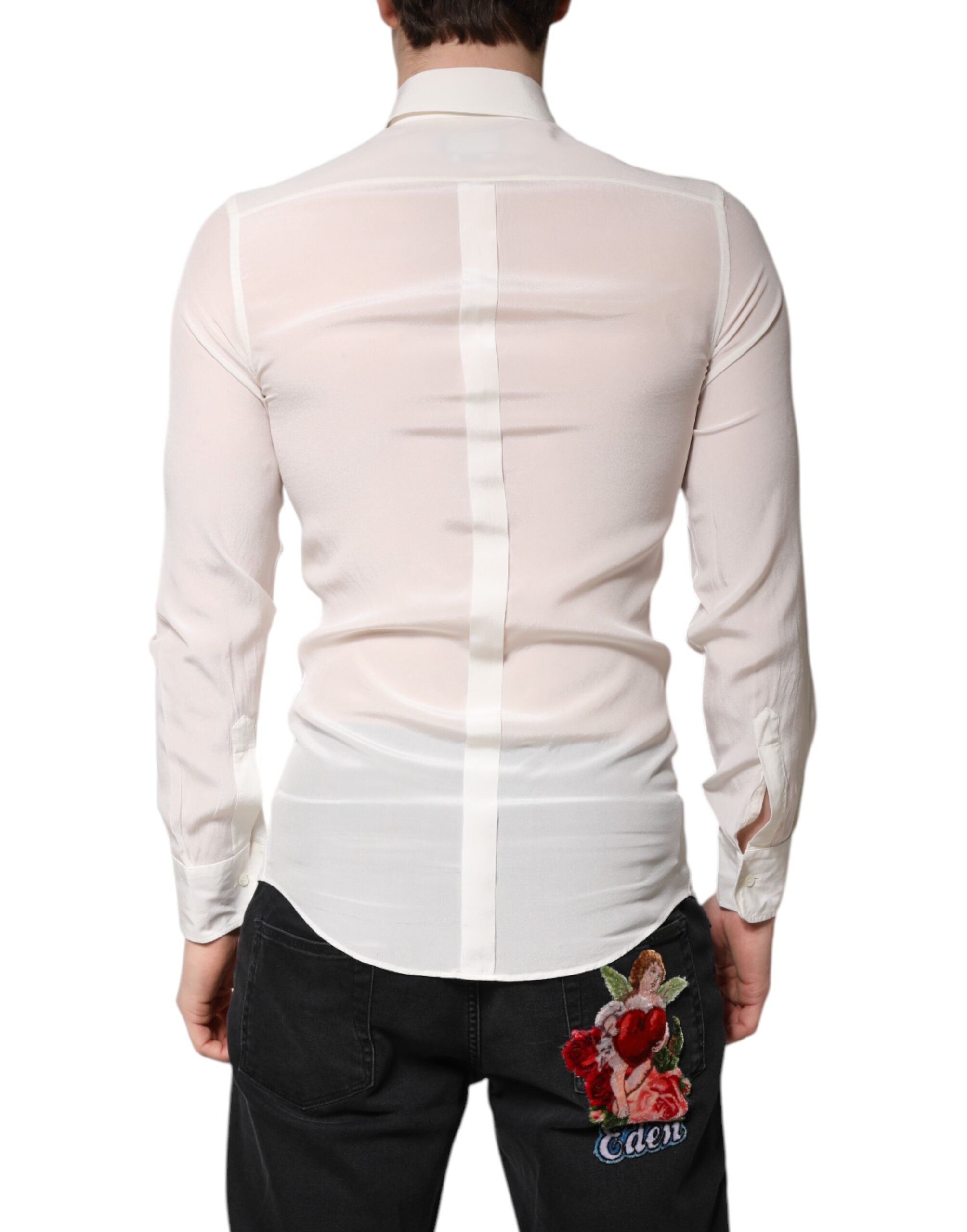 Dolce & Gabbana White Silk Dress GOLD Formal Collared Shirt